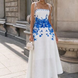 White linen-blend midi dress with blue floral print and tie shoulder straps - Wholesale Turkey