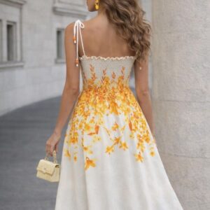 Vestido maxi blanco con corpiño fruncido y motivo floral amarillo - Turquía al por mayor