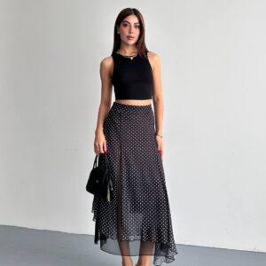 Black polka-dot chiffon midi skirt with sheer overlay and asymmetric hem - Wholesale Turkey