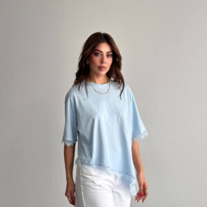Light blue asymmetrical cotton tee with lace trim on sleeves and hem - Wholesale Turkey