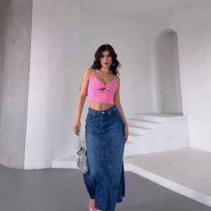 High-waist blue denim maxi skirt with front seams and slit - Wholesale Turkey