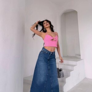 Pink crop top with front cutout and A-line denim maxi skirt - Wholesale Turkey