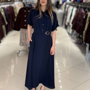 Navy button-front maxi shirt dress with short sleeves and gold buckle belt - Wholesale Turkey