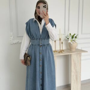 Ärmelloses Denim-Maxikleid mit Knopfleiste vorne, geraffter Taille und breiten Schultern - Türkei-Großhandel