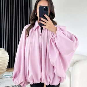Oversized pastel pink balloon-sleeve jacket with elastic cuffs and gathered hem - Wholesale Turkey