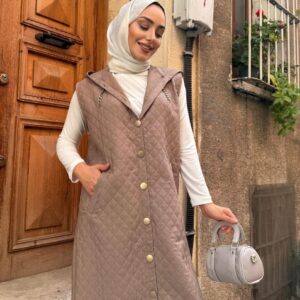 Long taupe quilted sleeveless hooded vest with gold buttons and pockets - Wholesale Turkey