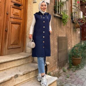 Navy quilted long hooded vest featuring gold snap buttons and pockets - Wholesale Turkey