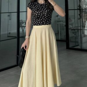 Black polka-dot short-sleeve top with pale yellow full midi skirt - Wholesale Turkey