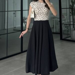 Polka-dot short-sleeve top with high-waist black A-line midi skirt - Wholesale Turkey