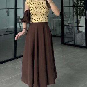 Fitted yellow polka-dot knit top paired with high-waist brown A-line midi skirt - Wholesale Turkey