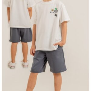 White graphic tee with animal motif and grey shorts set - Wholesale Turkey