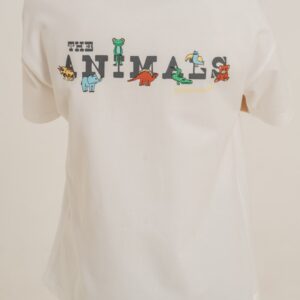 White cotton t-shirt featuring colorful animal illustrations on back - Wholesale Turkey