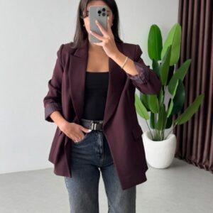 Tailored burgundy oversized blazer with rolled sleeves and patch pockets - Wholesale Turkey