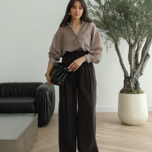 Taupe lightweight button-up blouse with high-waist wide black trousers and clutch - Wholesale Turkey