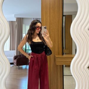 Black fitted corset top with burgundy satin wide-leg pants - Wholesale Turkey