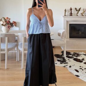 Blue gingham spaghetti-strap peplum top paired with long black skirt - Wholesale Turkey