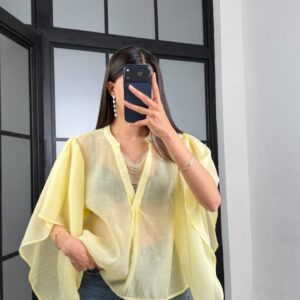 Sheer yellow chiffon batwing blouse with flowy sleeves - Wholesale Turkey