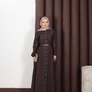 Full-length brown button-front modest dress with long sleeves and waist belt - Wholesale Turkey