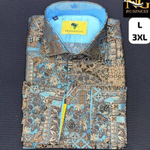 Gefaltetes schwarzes Hemd mit metallisch goldenen und türkisfarbenen Brokade-Blumen- und geometrischen Mustern auf strukturierter Oberfläche. - Großhandel Türkei