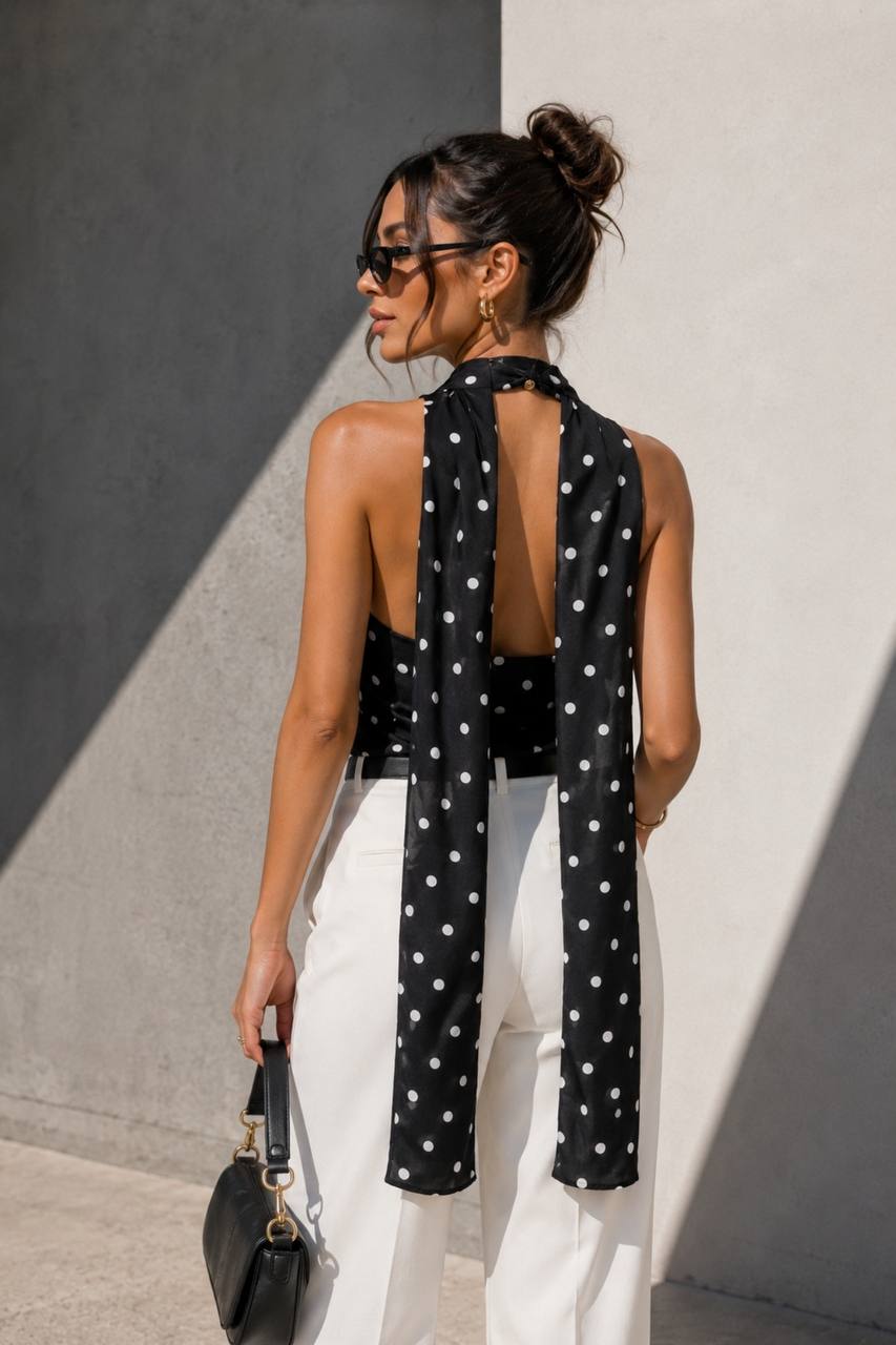 black-polka-back-tails-5540 Rear view of black polka halter top with two long draped fabric tails falling past the waist.