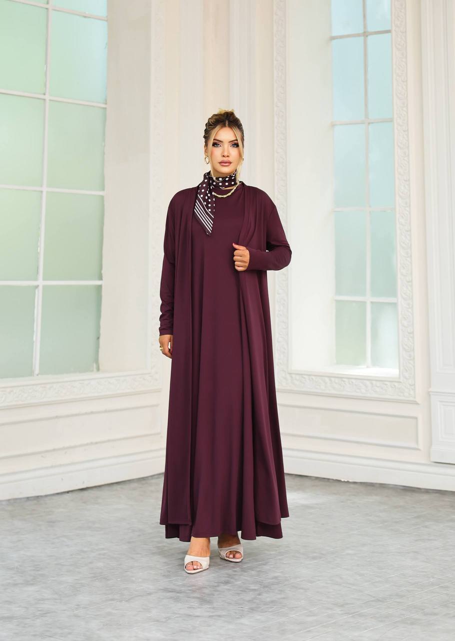 فستان-ماكسي-خمري-طويل-مع-طبقة-خارجية-مطابقة-وشاح-بنقشة-نقط-1287-تجارة-بالجملة-تركيا صورة كاملة لفستان ماكسي خمري طويل مع طبقة خارجية مطابقة ووشاح بنقشة نقط عند الرقبة. تجارة بالجملة تركيا