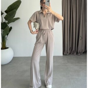 Taupe-Knit-Loungewear: Top mit kurzem Reißverschluss am Kragen und elastischer Taillenzug sowie weite Hose - Großhandel Türkei verfügbar - Großhandel Türkei