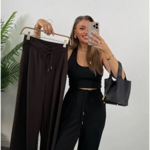Black palazzo trousers in modal fabric with elastic high waist, drawstring and wide flowing legs. - available for wholesale in Turkey