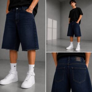 Front view of mid-length indigo denim shorts paired with white high-top sneakers and crew socks; raw frayed hem. available for wholesale in Turkey.