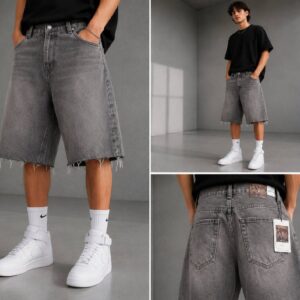 Front close-up of mid-length grey denim shorts with raw frayed hem and five-pocket styling. available for wholesale in Turkey.