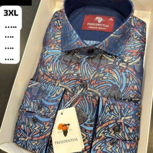 In Box verpacktes metallisch blaues und bronzenes Hemd mit abstraktem Wirbeljacquard und angebrachtem Markenetikett. - Großhandel Türkei