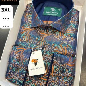 Boxed folded navy brocade long-sleeve shirt with orange and teal abstract swirl jacquard and green label. available for wholesale in Turkey.
