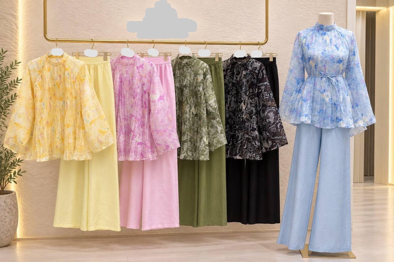 pastel-printed-set-7432 Sheer printed peplum blouses in pastel and dark hues on a rail, plus mannequin in blue peplum with wide-leg trousers. available for wholesale in Turkey.