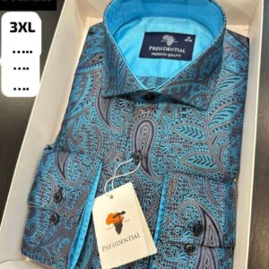 Ordentlich verpacktes türkis Paisley-Jacquard-Hemd mit gelber Innenkragen und sichtbarem Markenlabel am Hals. - Großhandel Türkei