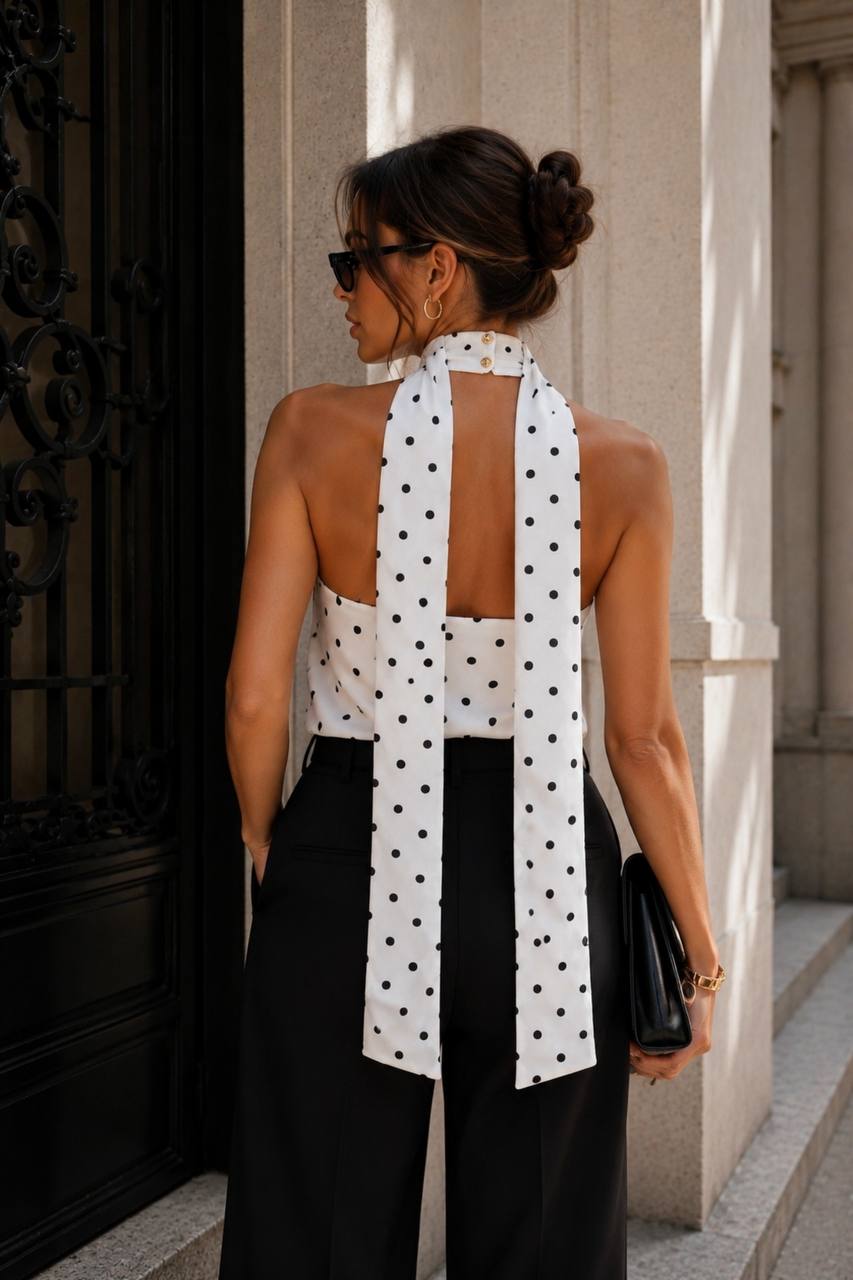 white-polka-back-button-8075 Back detail of white polka halter top showing buttoned neck strap and long hanging tails over trousers.