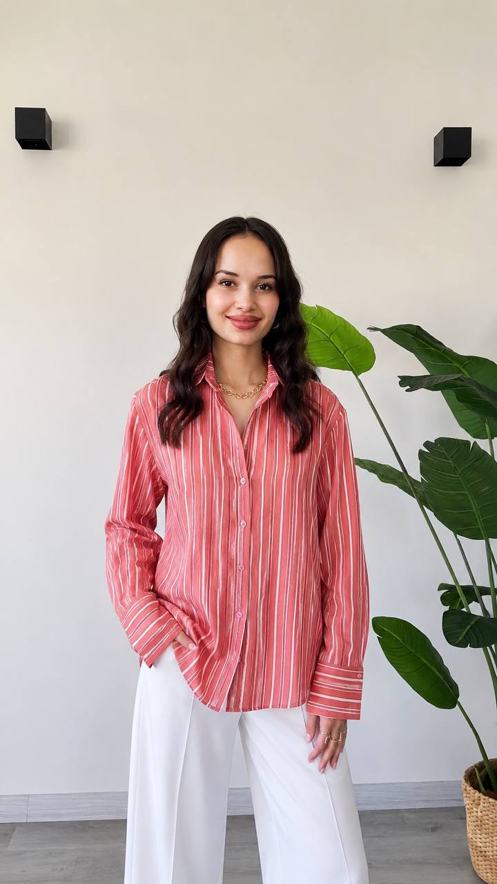 camisa-coral-rayas-frente-6107 – Mayorista Turquía Mujer con camisa rayas coral-rojo con cuello clásico, dobladillo relajado y pantalones blancos de pierna ancha. Disponible para mayoristas en Turquía - Mayorista Turquía