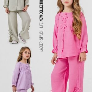 Collage showing children wearing gauze two-piece sets in pink, lilac and sage with bow trims available for wholesale in Turkey.