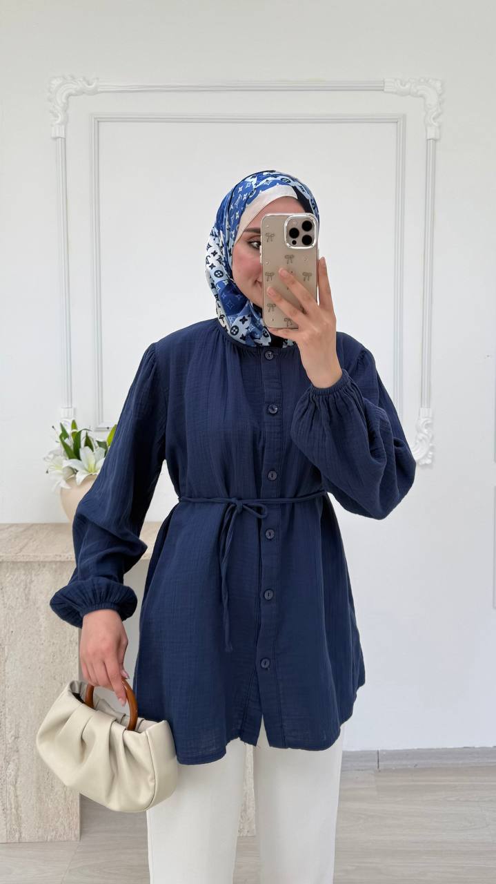 marineblau-guertel-tunika-tasche-6765 – Türkei-Großhandel Marineblau-Gürtel-Tunika mit cremefarbener Tasche – Türkei-Großhandel