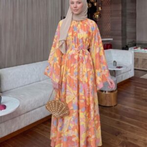 Warme Orange-Gelb-Blütenmuster Maxikleid mit gerafftem Oberteil, fließendem Rock und langen Ärmeln - Großhandel Türkei