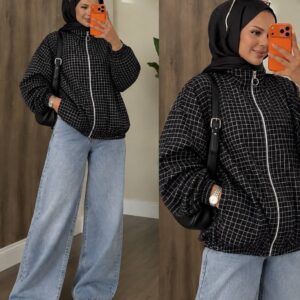 Black jacket with white windowpane lines, a ring-pull zipper, elastic cuffs, and a gathered hem.