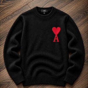 Black crew-neck sweater with ribbed cuffs and hem and a red heart-shaped chest motif. available for wholesale in Turkey.