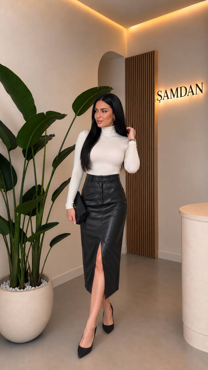 schwarz-leder-taschen-seite-5621-grosshandel-tuerkei Model in schwarzem Leder-Bleistiftrock mit seitlichen Taschen, Clutch und cremefarbenem Rollkragen. - Großhandel Türkei