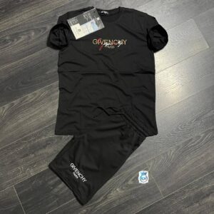 Flat lay of a black crew-neck tee with gathered short sleeves and matching drawstring pants. available for wholesale in Turkey.