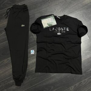 Black short-sleeve crewneck tee with patterned chest lettering beside matching cuffed drawstring joggers. available for wholesale in Turkey.