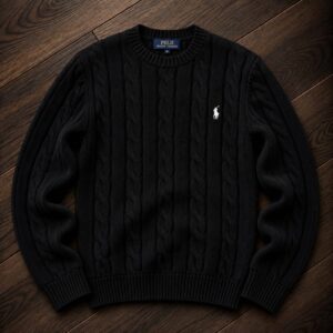 Black crew-neck sweater shown flat with vertical cable-knit panels and ribbed edges.