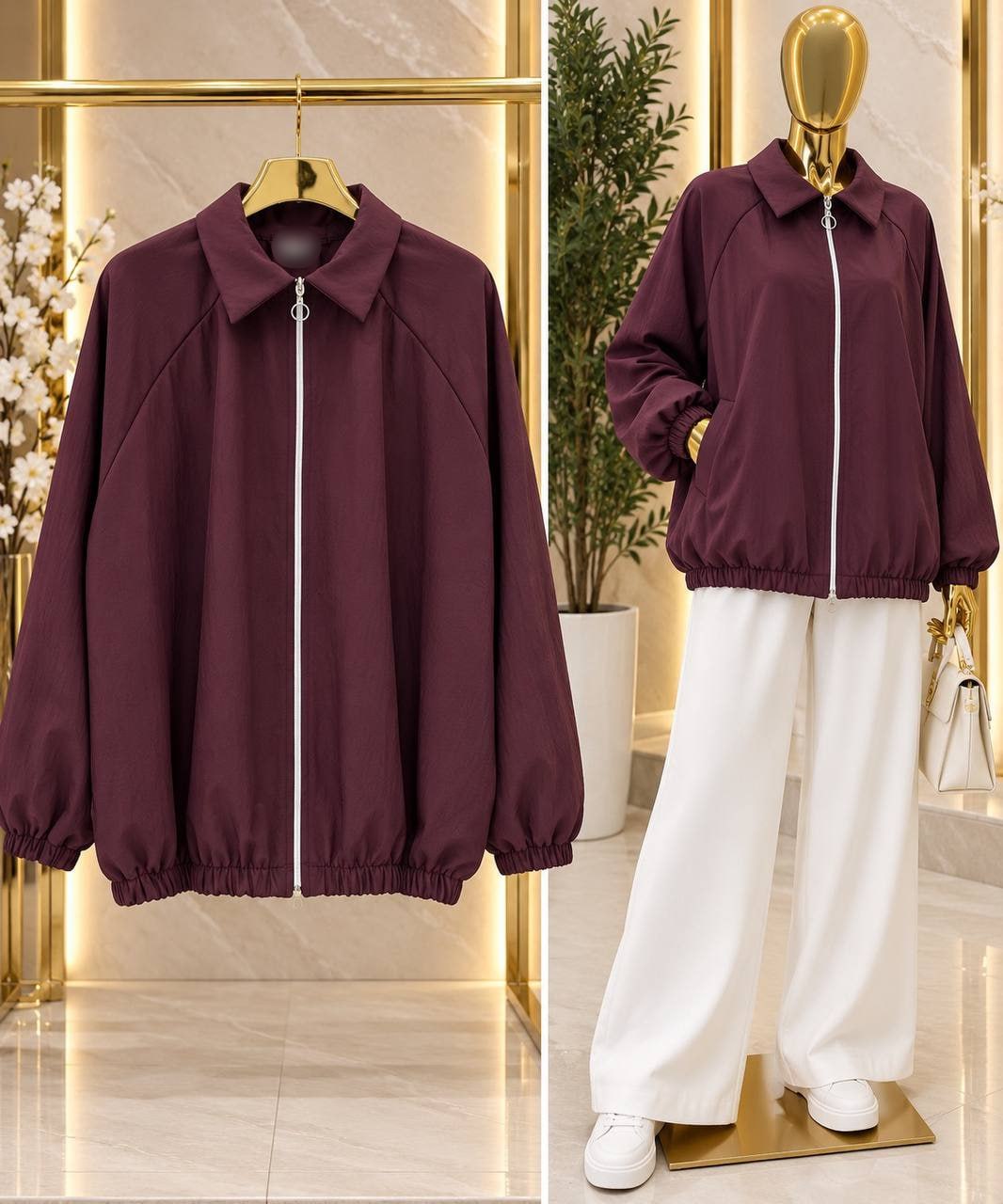 burgundy-jacket-display-look-4925 Burgundy jacket displayed with a white front zipper, pointed collar, raglan seams, and gathered hem.