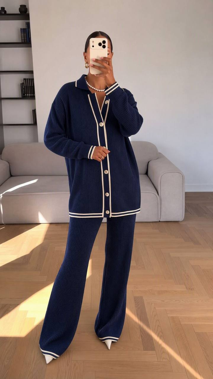 azul-marino-conjunto-frente-8340 – Turquía Mayorista Vista frontal de cárdigan canalé azul marino y pantalón de pierna ancha con ribetes en crema y botones grandes - Turquía Mayorista