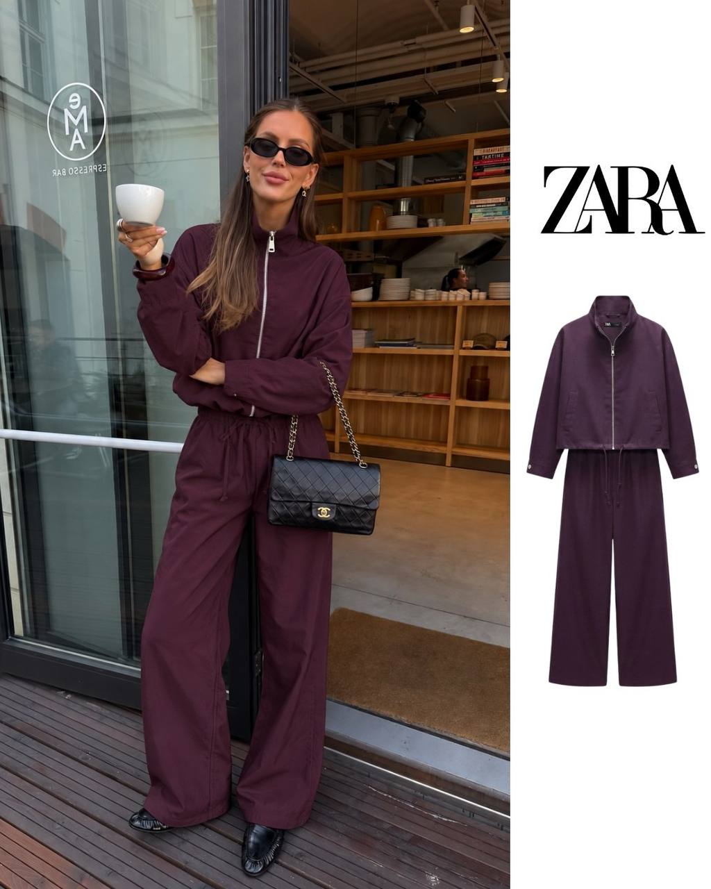 plum-set-product-view-3098 – تركي بالجملة الموديل يرتدي plum طقم بسحاب أمامي بجانب عرض المنتج. - تركي بالجملة