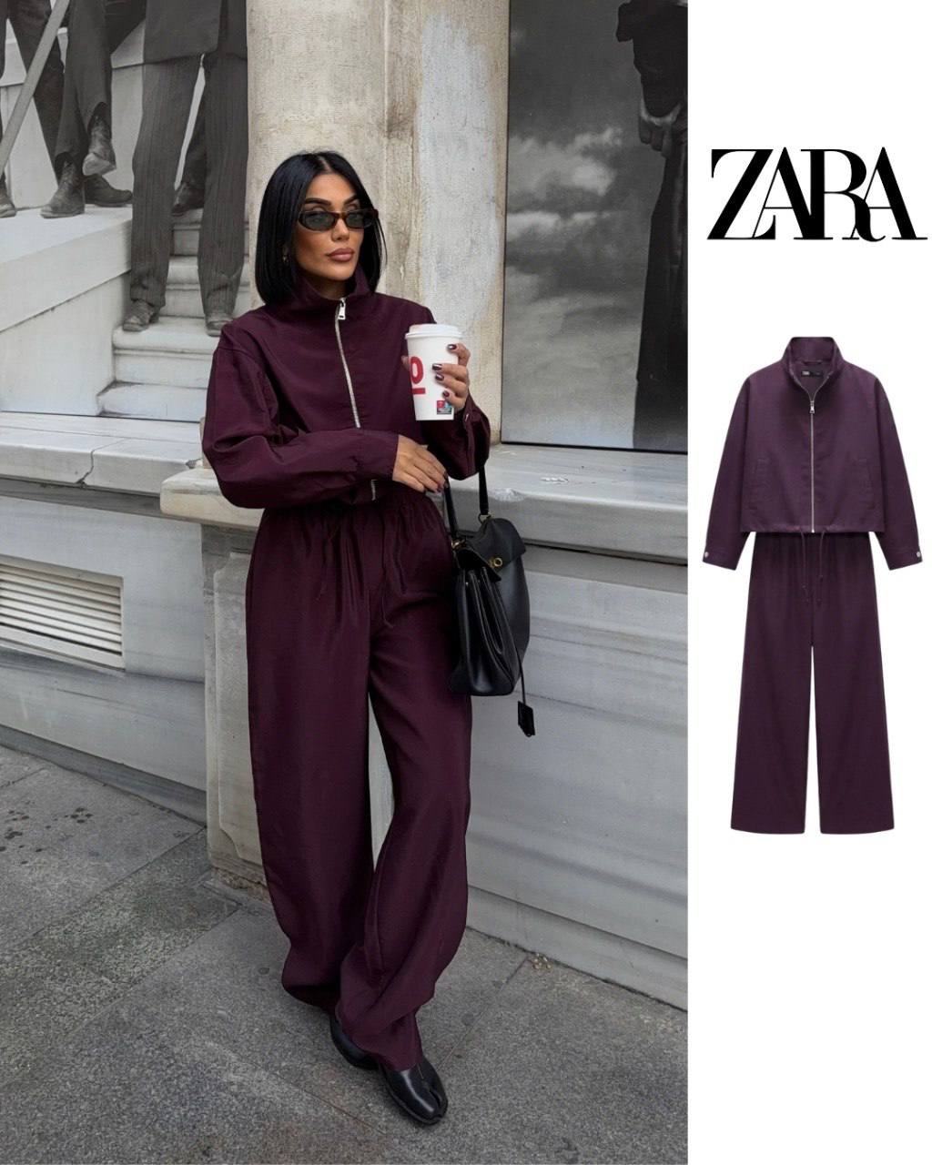 plum-tracksuit-collage-4827 A plum zip-up jacket and wide-leg trousers shown on a model and as a product flat lay. available for wholesale in Turkey.