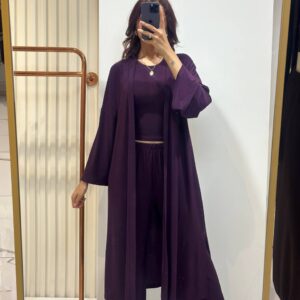عرض أمامي لكيمونو بنفسجي داكن مفتوح، وتوب مُلائم وبناطيل بخصر مطاطي - الجملة التركية