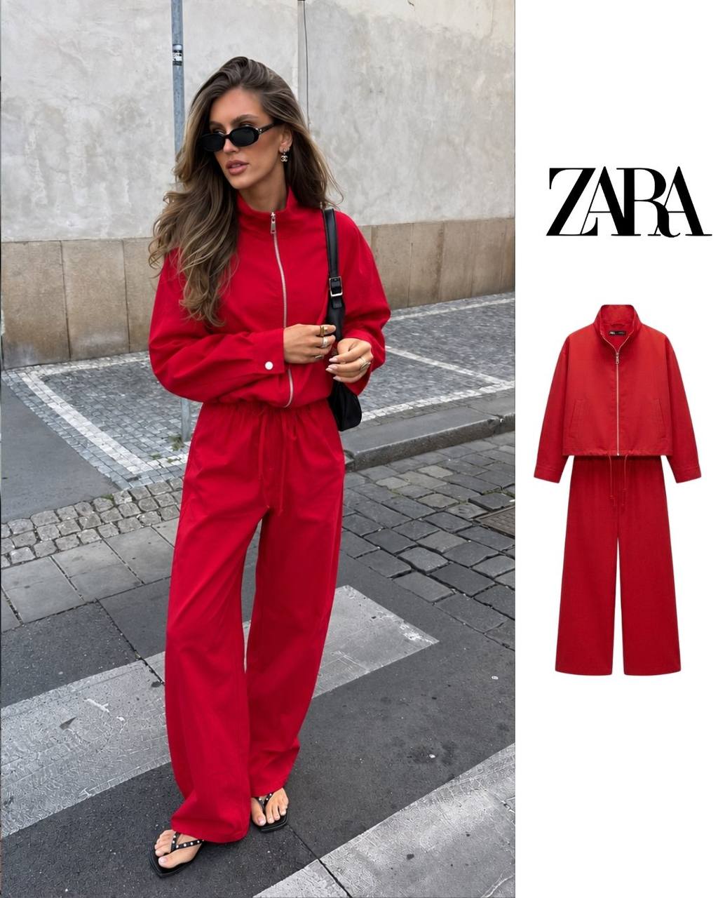 red-set-product-view-1945 – تركي بالجملة جاكيت red وبنطالها معا بجانب نموذج ارتداء الطقم. - تركي بالجملة